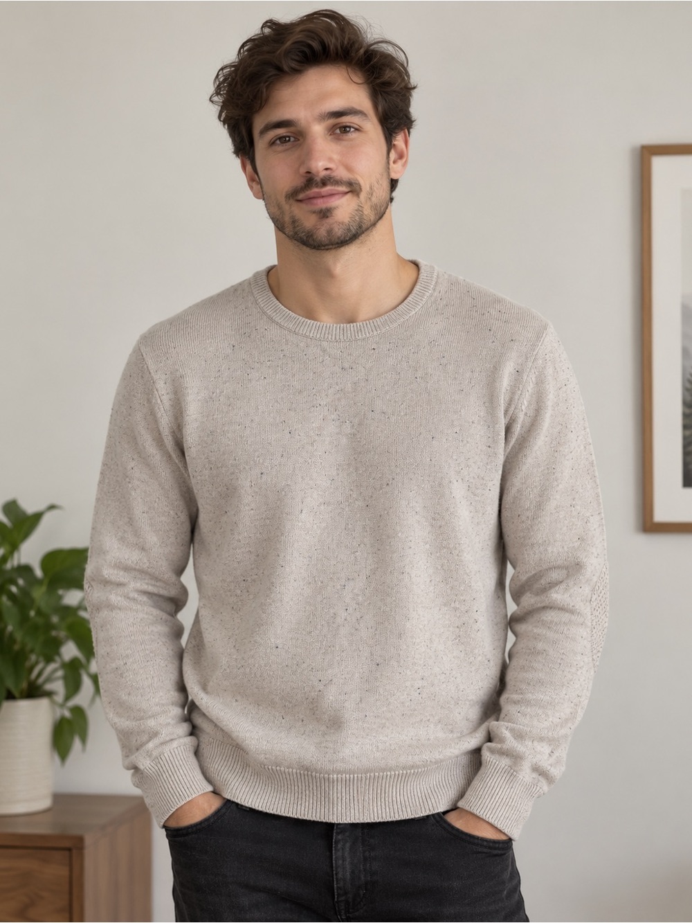 Frank & Oak Men Large Cotton Blend Speckled Knit Crewneck Sweater Elbow Patch